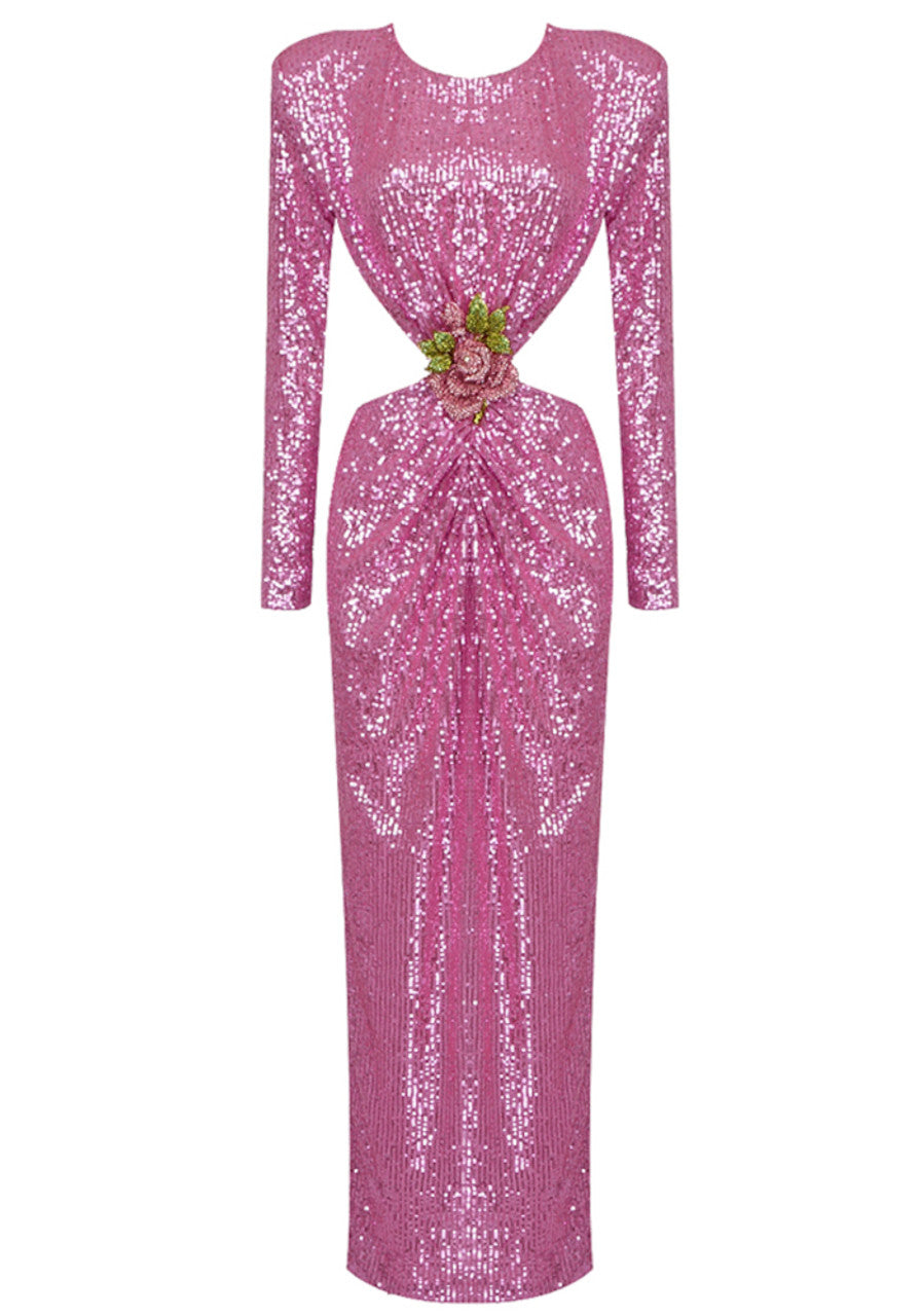 Long Sleeve Crystal Flower Sequin Maxi Dress