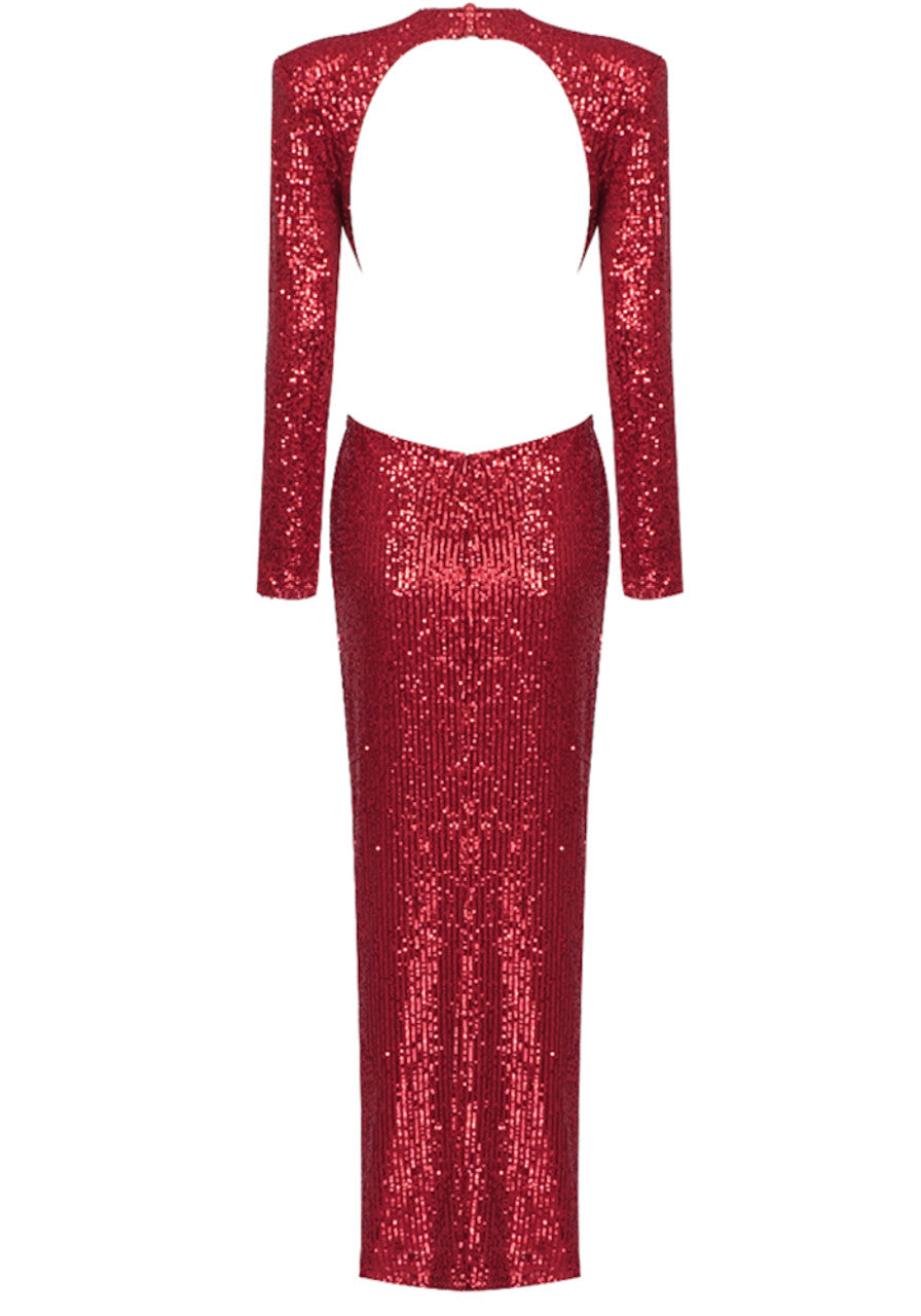 Long Sleeve Crystal Flower Sequin Maxi Dress