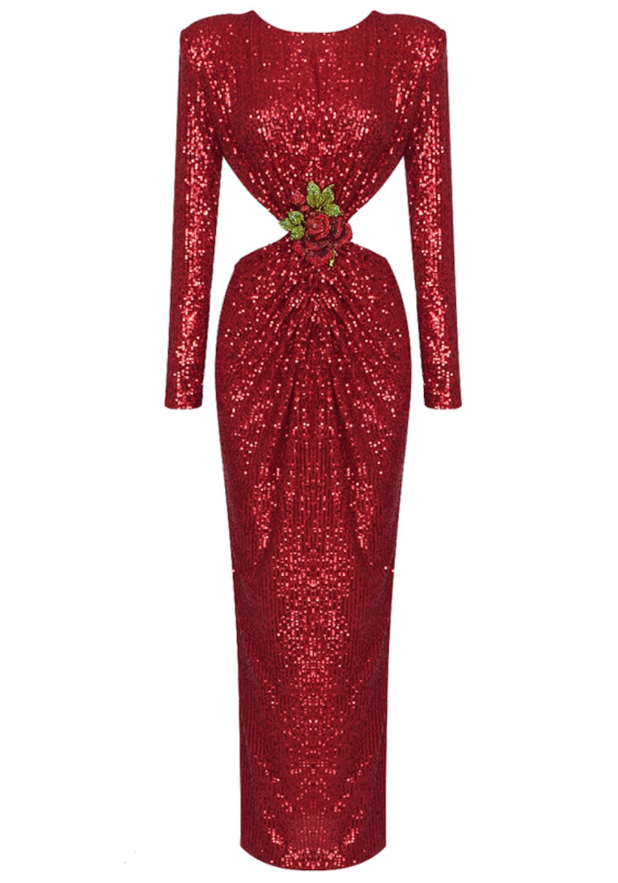 Long Sleeve Crystal Flower Sequin Maxi Dress