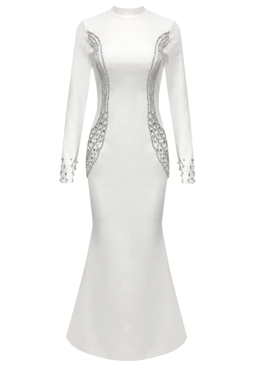 Long Sleeve Crystal Trim Maxi Dress White HV2582