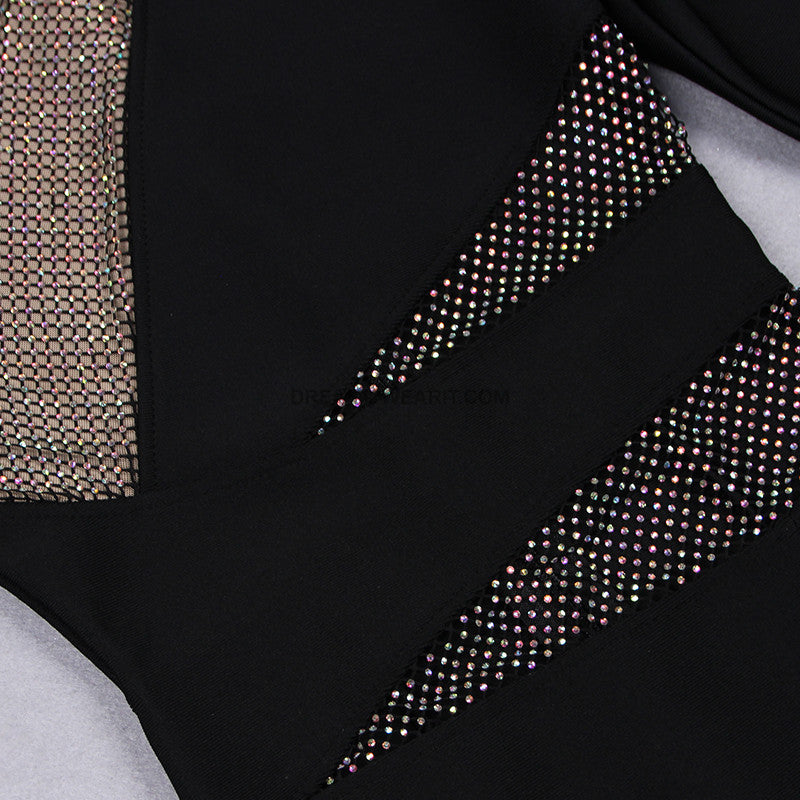 Long Sleeve Crystal Panel Midi Dress Black HV9707