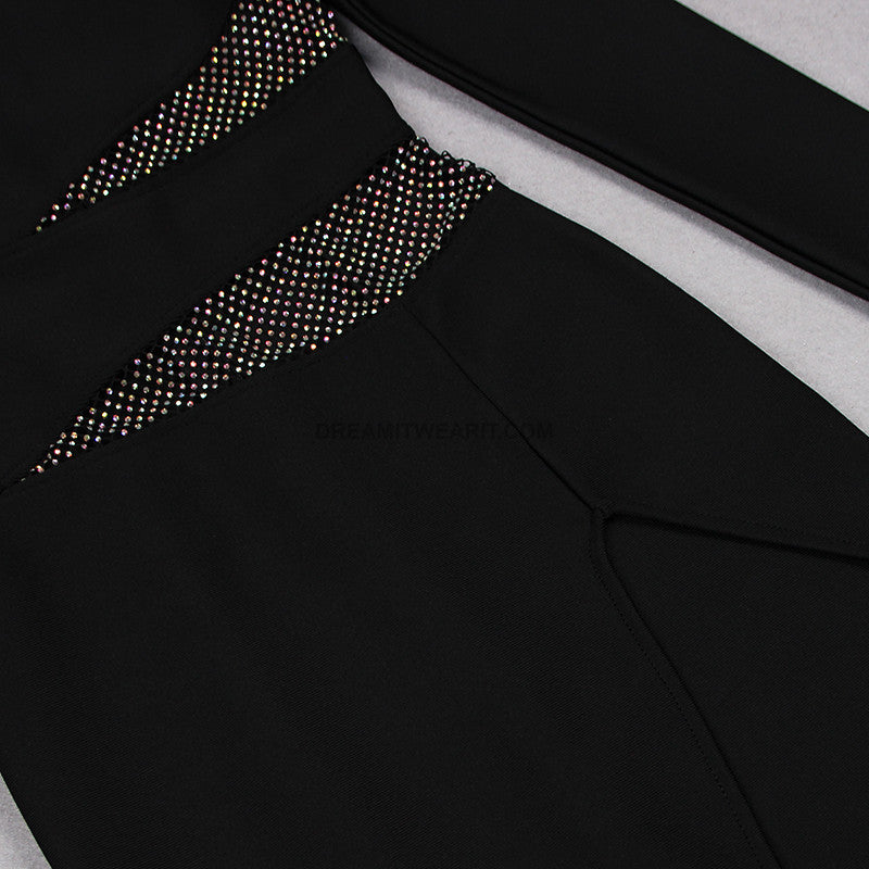 Long Sleeve Crystal Panel Midi Dress Black HV9707