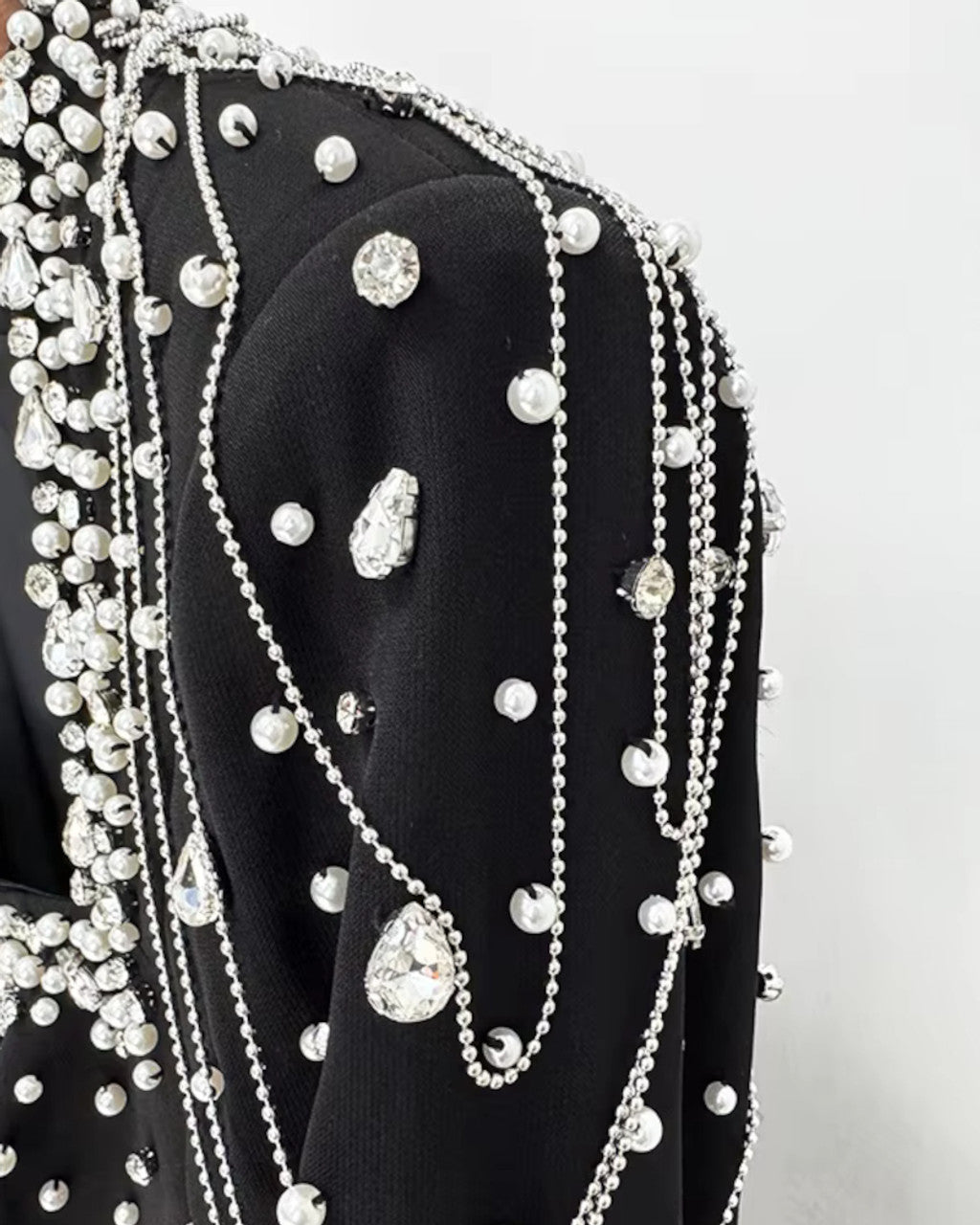 Cape Sleeve Crystal Pearl Maxi Dress Black