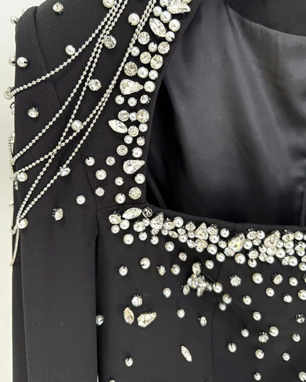 Cape Sleeve Crystal Pearl Maxi Dress Black