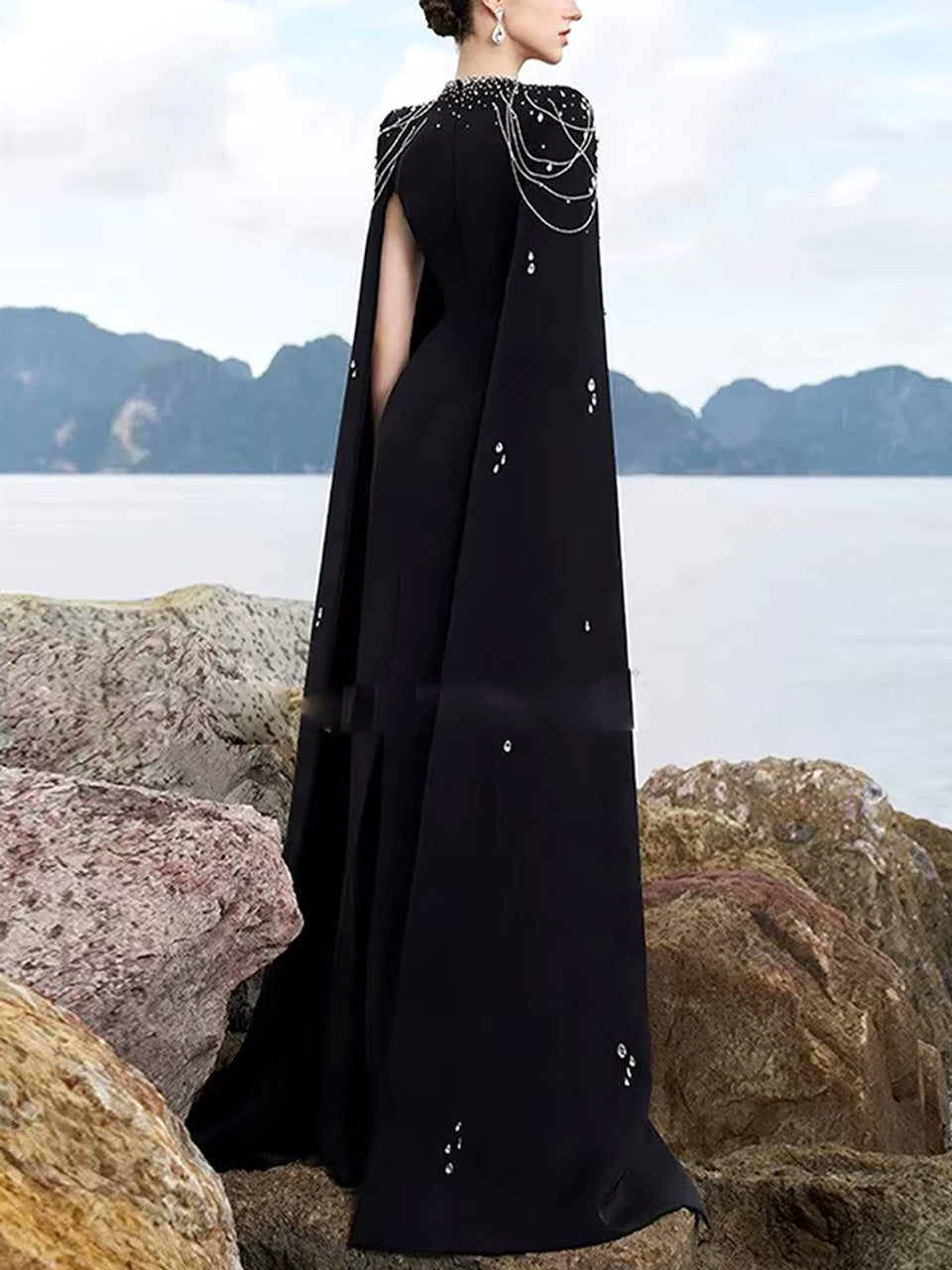 Cape Sleeve Crystal Pearl Maxi Dress Black