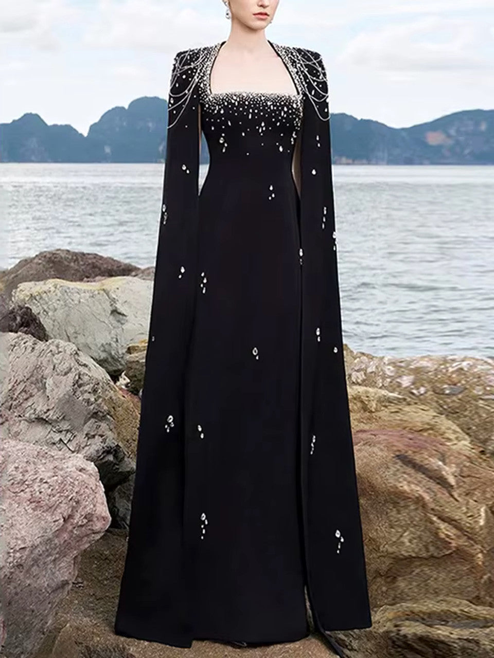 Cape Sleeve Crystal Pearl Maxi Dress Black