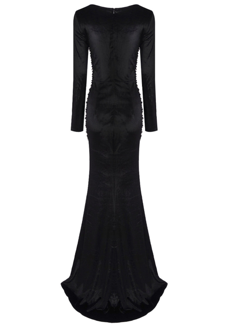 Long Sleeve Crystal Embellished Velvet Dress Black