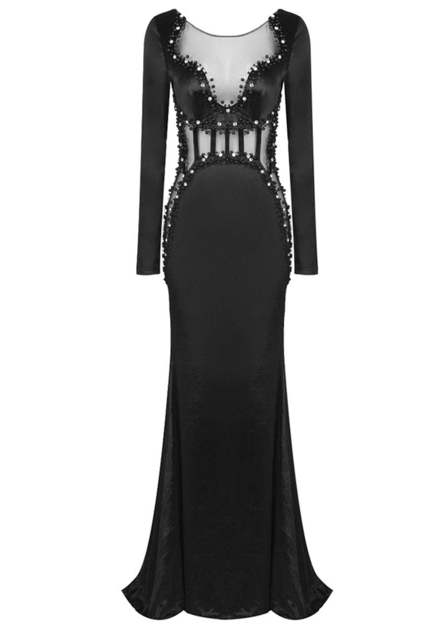 Long Sleeve Crystal Embellished Velvet Dress Black