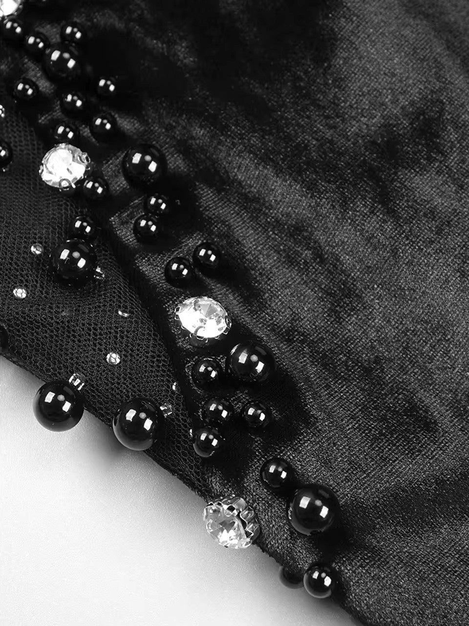 Long Sleeve Crystal Embellished Velvet Dress Black