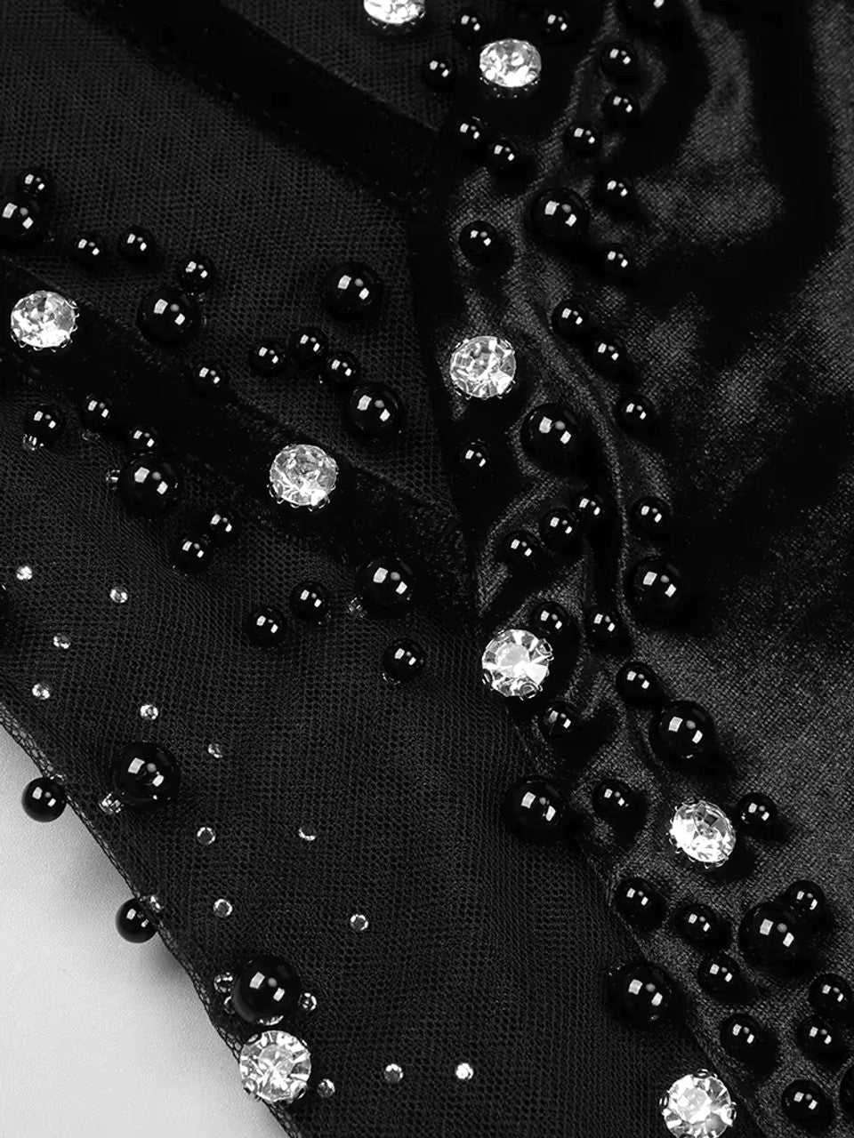 Long Sleeve Crystal Embellished Velvet Dress Black