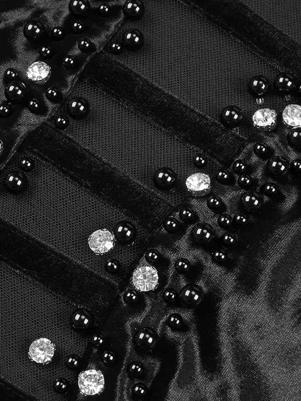 Long Sleeve Crystal Embellished Velvet Dress Black