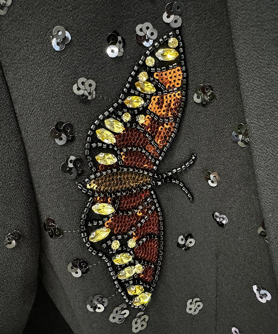 Long Sleeve Sequin Butterflies Suit Black