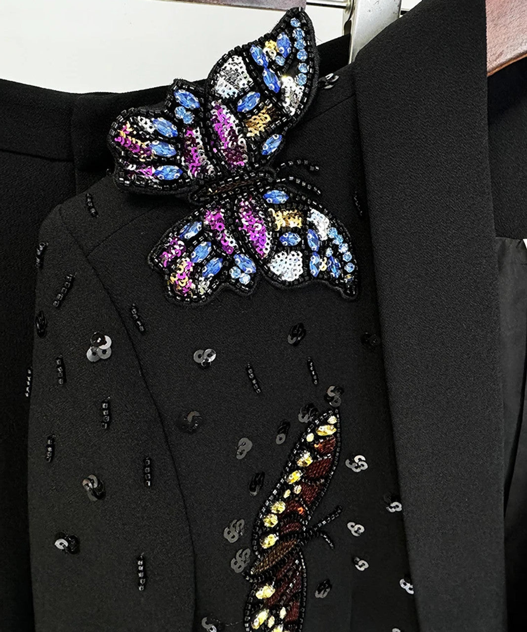 Long Sleeve Sequin Butterflies Suit Black