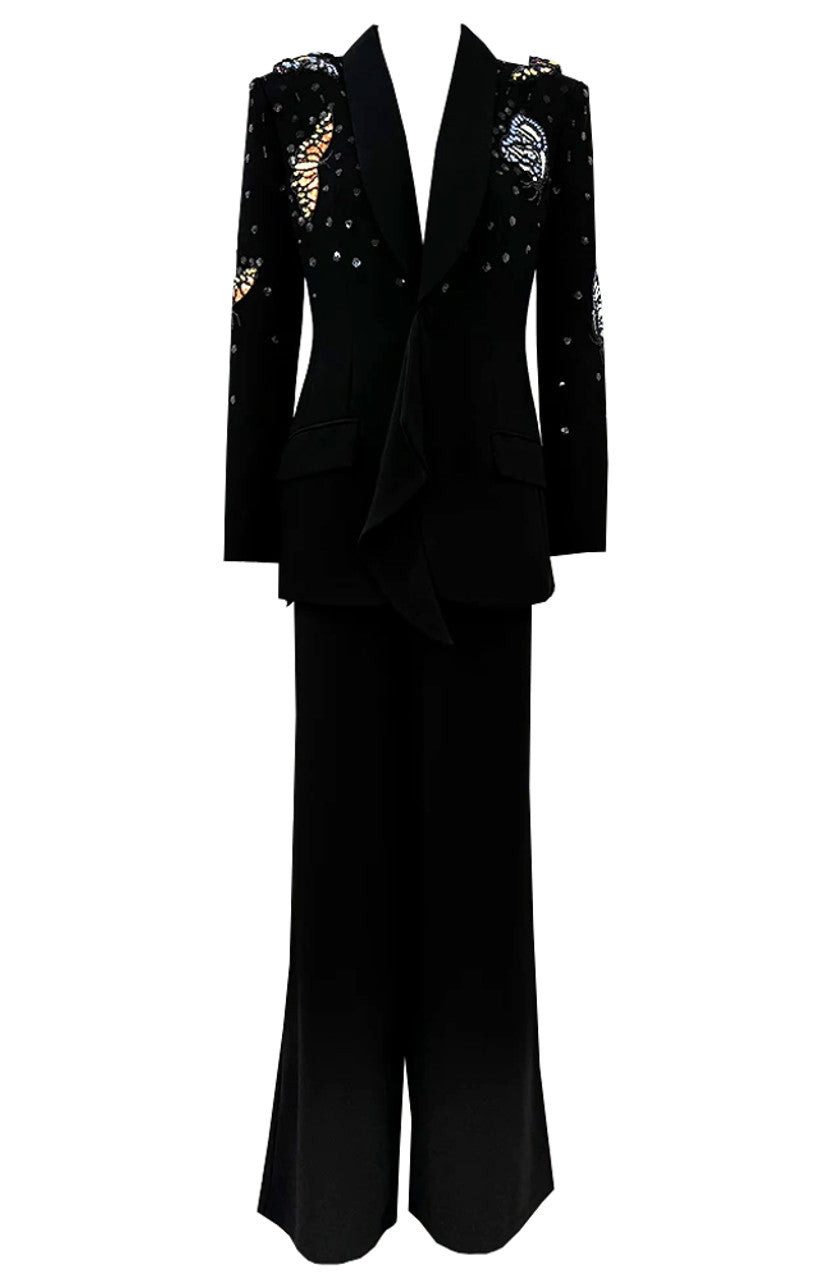 Long Sleeve Sequin Butterflies Suit Black