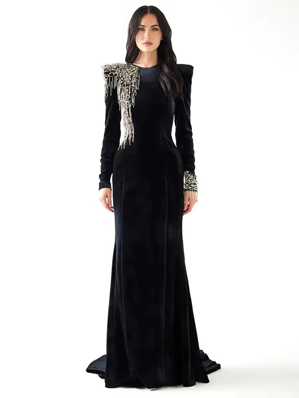 Long Sleeve Crystal Shoulder Maxi Velvet Dress Black