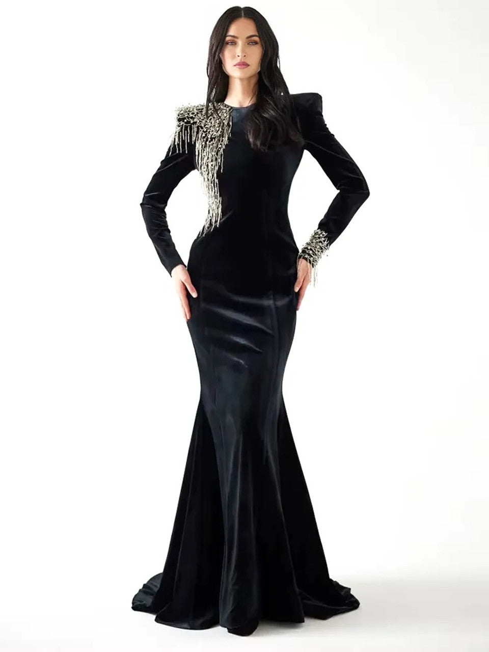 Long Sleeve Crystal Shoulder Maxi Velvet Dress Black