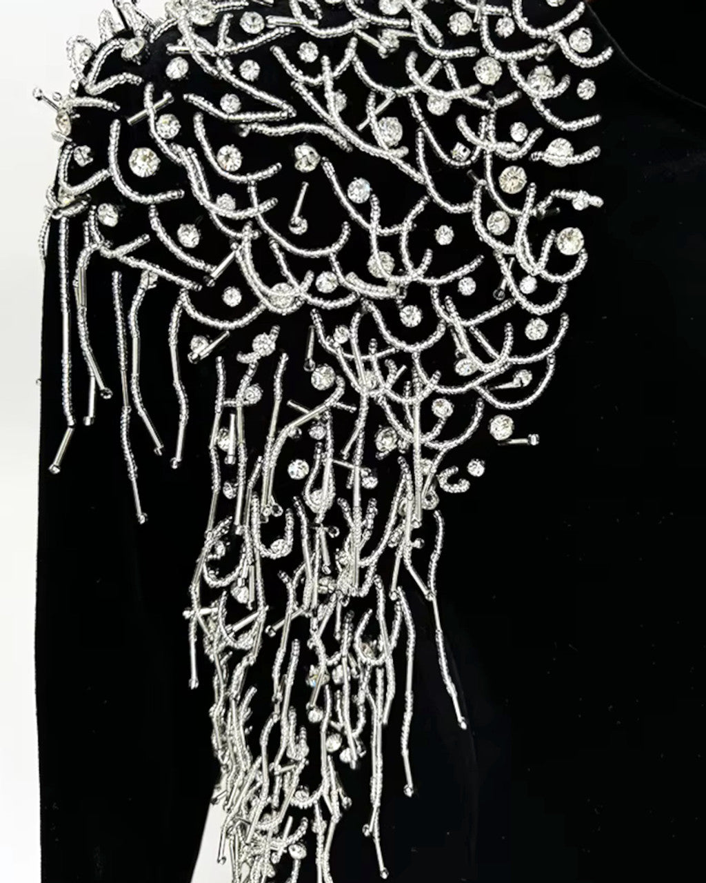 Long Sleeve Crystal Shoulder Maxi Velvet Dress Black