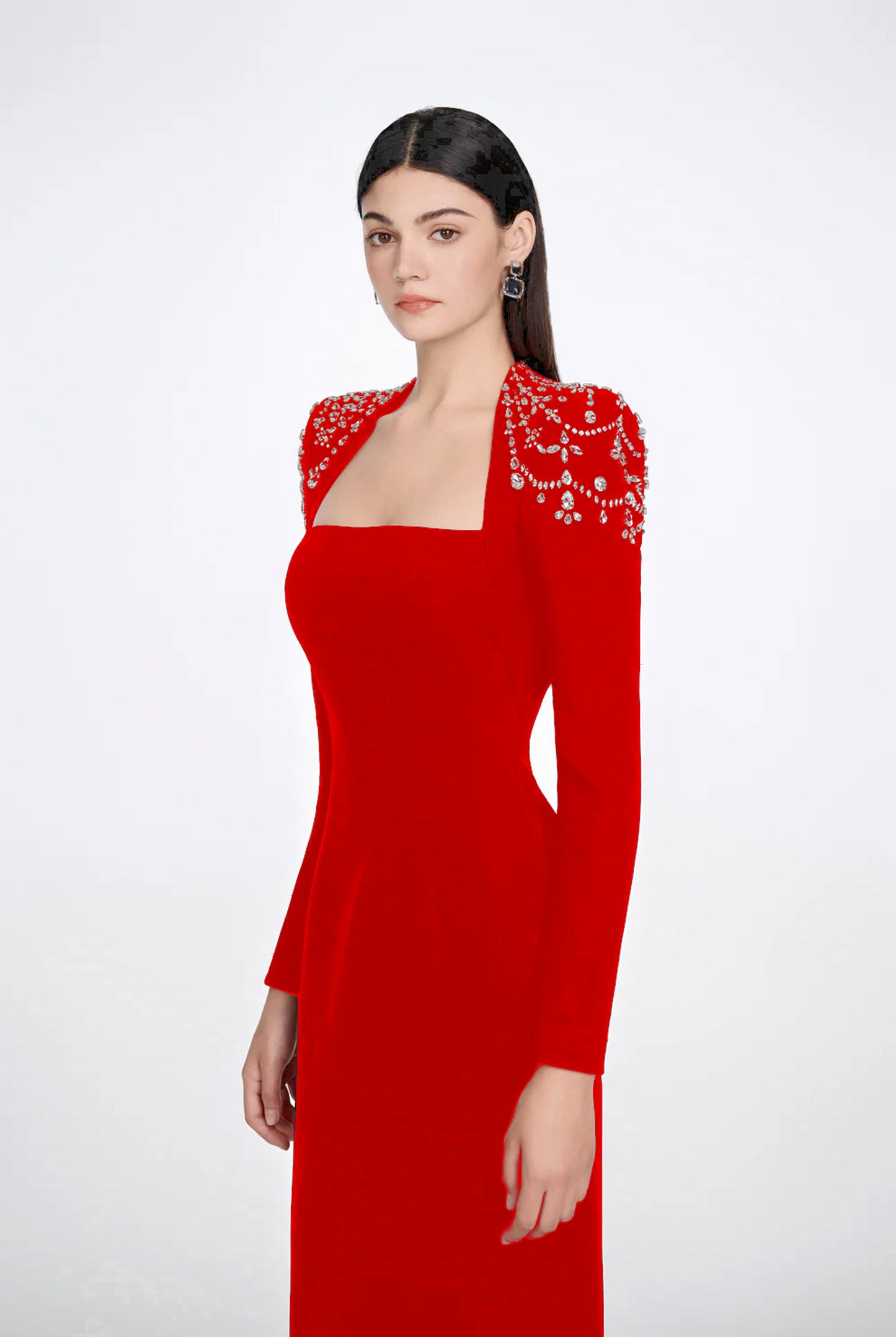 Long Sleeve Crystal Shoulder Maxi Dress Red BB10026