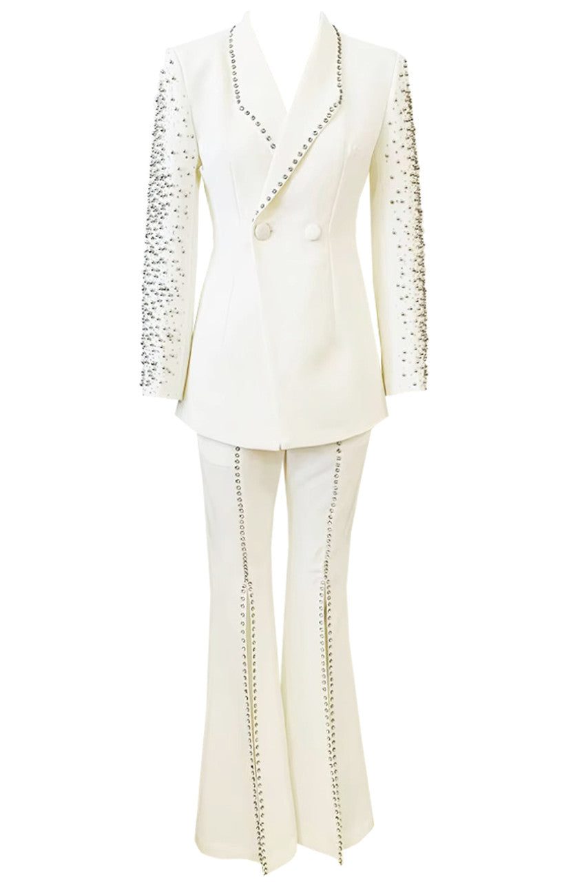 Long Sleeve Crystal Studded Suit White