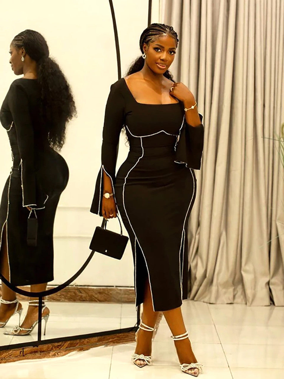 Long Sleeve Crystal Trim Midi Dress Black