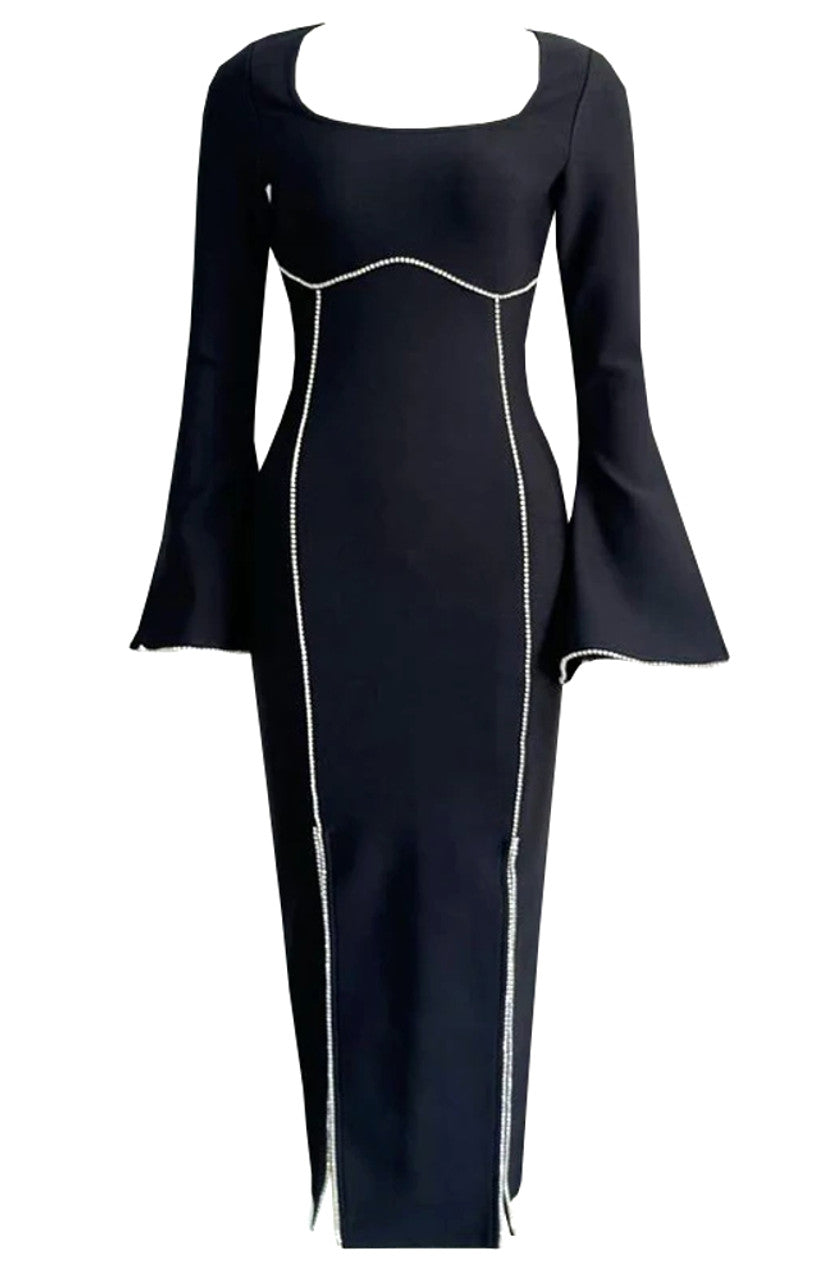 Long Sleeve Crystal Trim Midi Dress Black