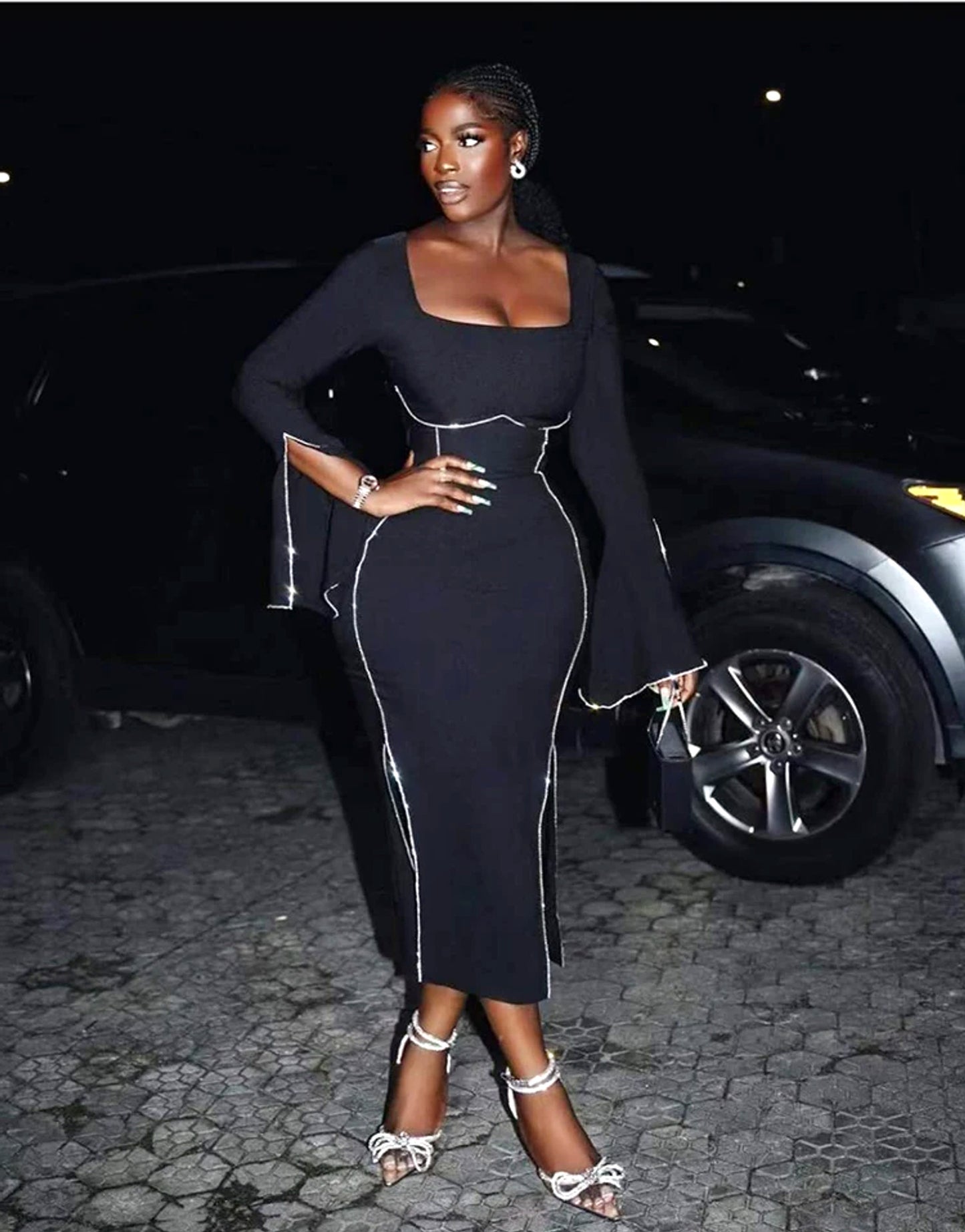 Long Sleeve Crystal Trim Midi Dress Black