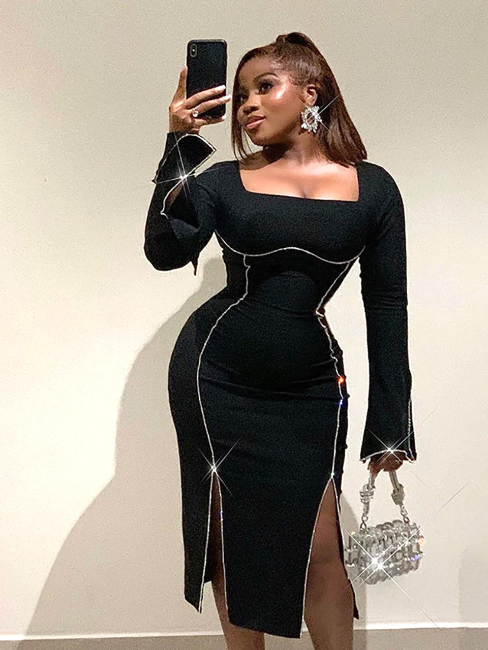 Long Sleeve Crystal Trim Midi Dress Black