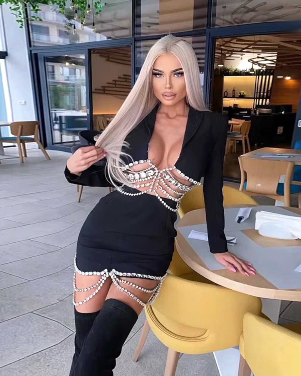 Long Sleeve Crystal Detail Two Piece Dress