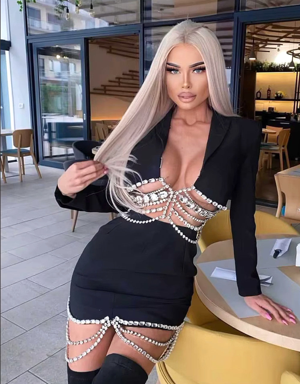 Long Sleeve Crystal Detail Two Piece Dress