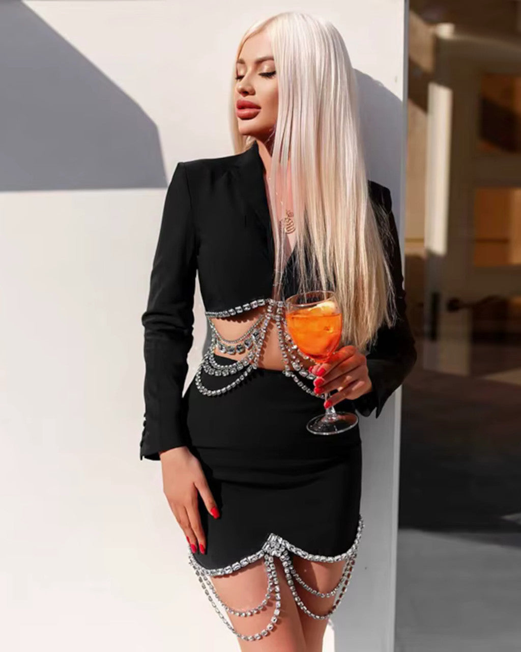 Long Sleeve Crystal Detail Two Piece Dress