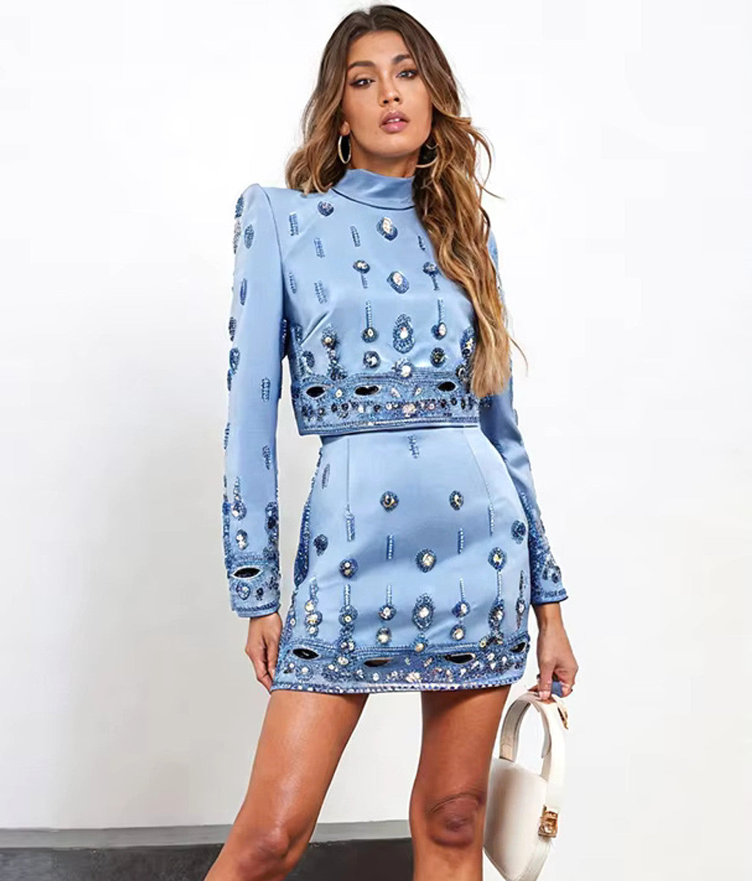 Long Sleeve Crystal Two Piece Dress