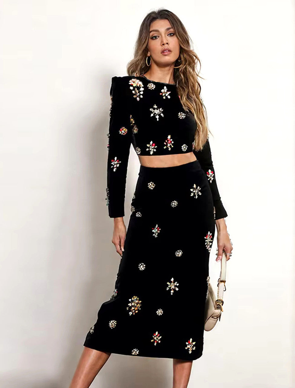 Long Sleeve Embellished Two Piece Midi Dress