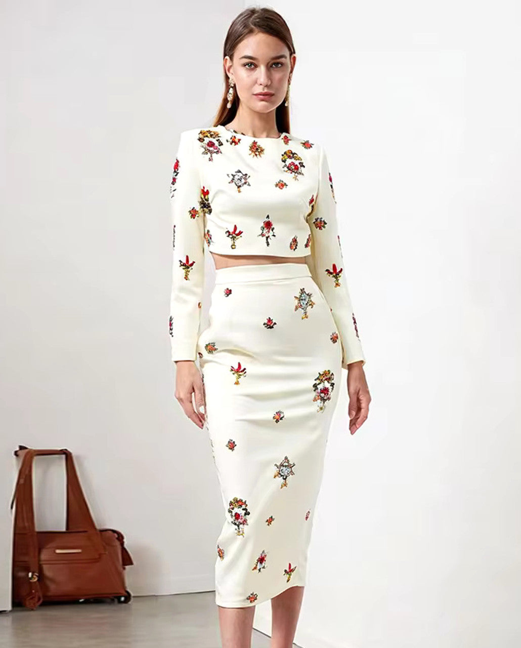 Long Sleeve Embellished Two Piece Midi Dress