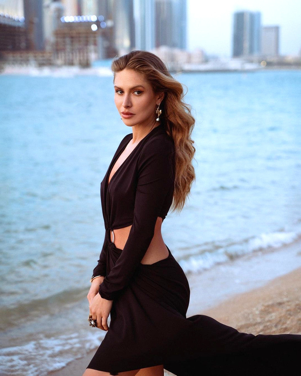 Long Sleeve Cut Out Draped Maxi Dress