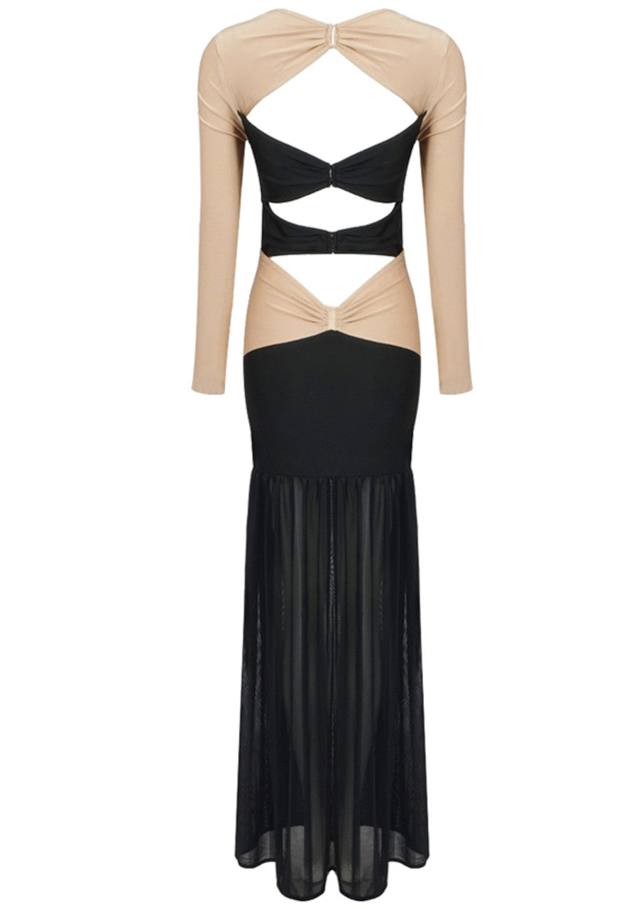 Long Sleeve Cut Out Detail Maxi Dress Black Nude