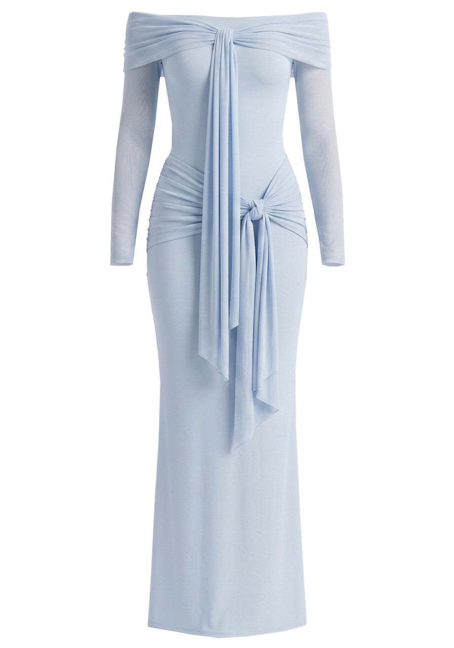 Long Sleeve Draped Bardot Maxi Dress Blue HV3089