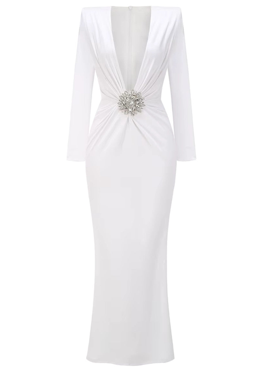 Long Sleeve Draped Embellished Maxi Dress