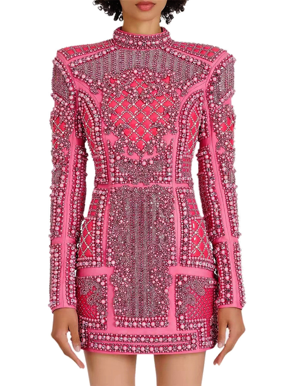 Long Sleeve Sequin Embellished Dress Hot Pink
