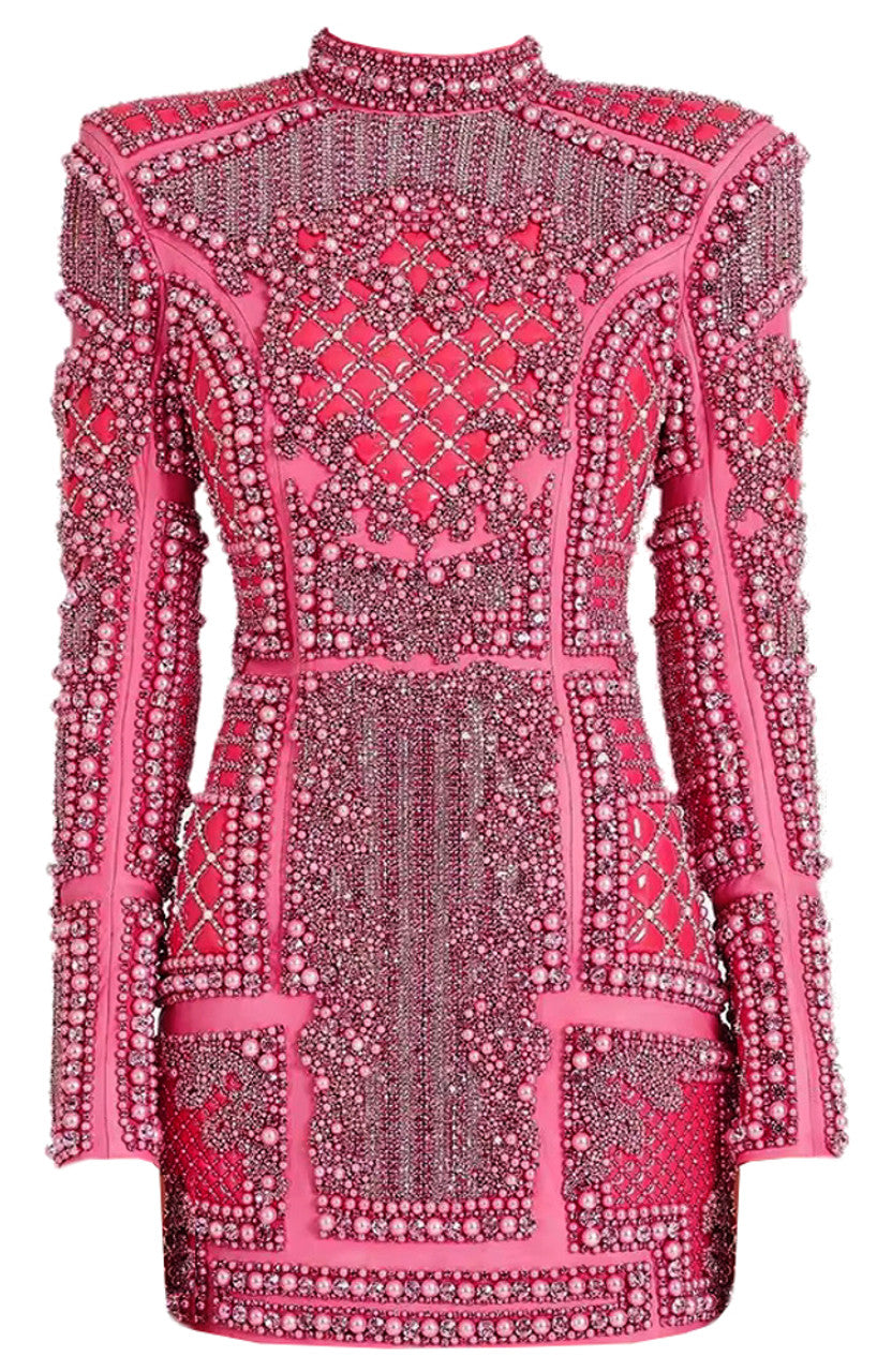 Long Sleeve Sequin Embellished Dress Hot Pink