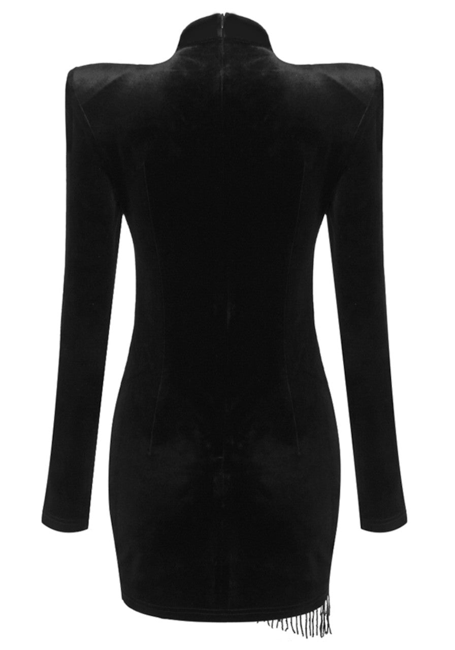 Long Sleeve Embellished Mesh Velvet Dress Black