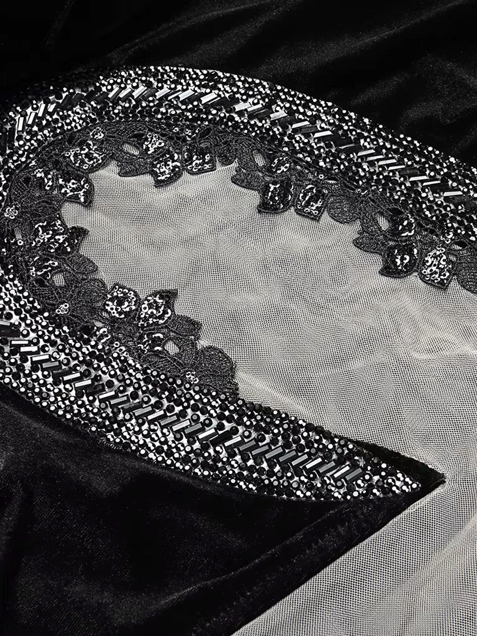 Long Sleeve Embellished Mesh Velvet Dress Black