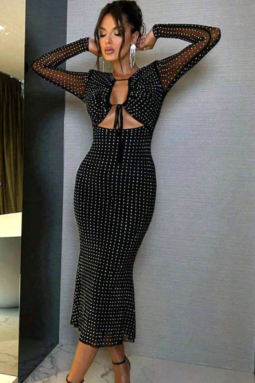 Long Sleeve Crystal Cut Out Midi Dress Black HV1191
