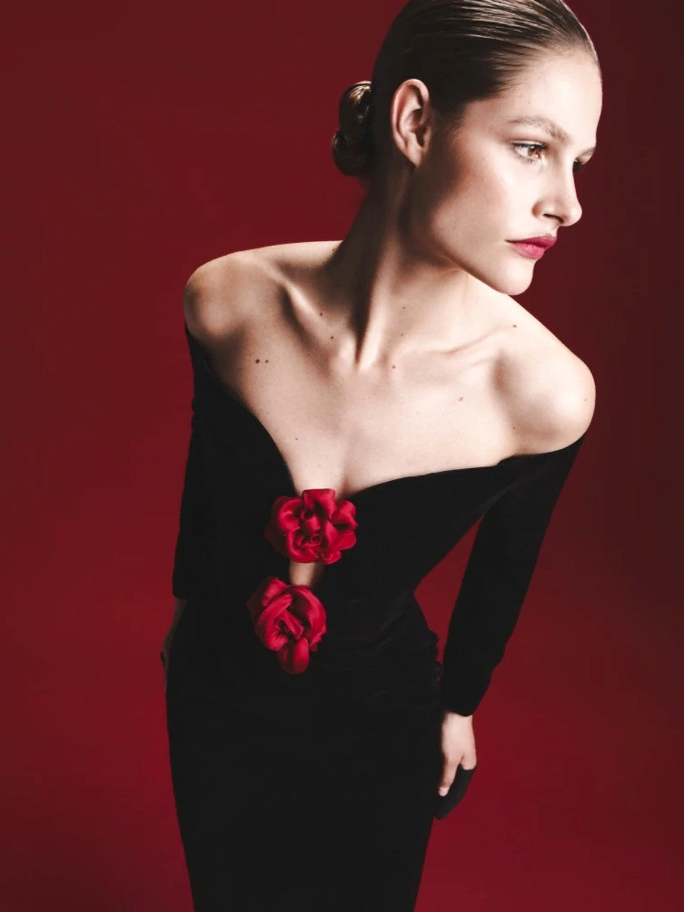 Long Sleeve Floral Bardot Maxi Velvet Dress Black