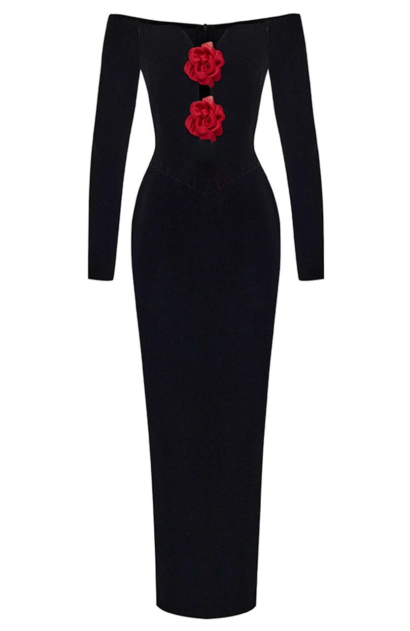 Long Sleeve Floral Bardot Maxi Velvet Dress Black