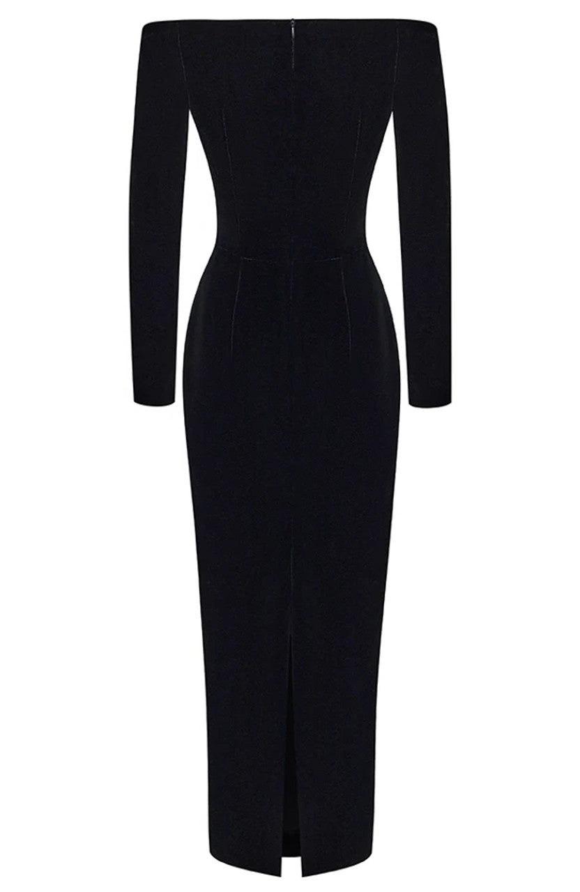 Long Sleeve Floral Bardot Maxi Velvet Dress Black