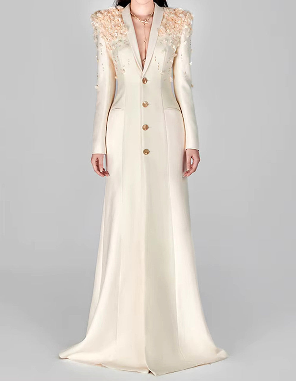 Long Sleeve Floral Crystal Maxi Coat Dress Ivory HV1717