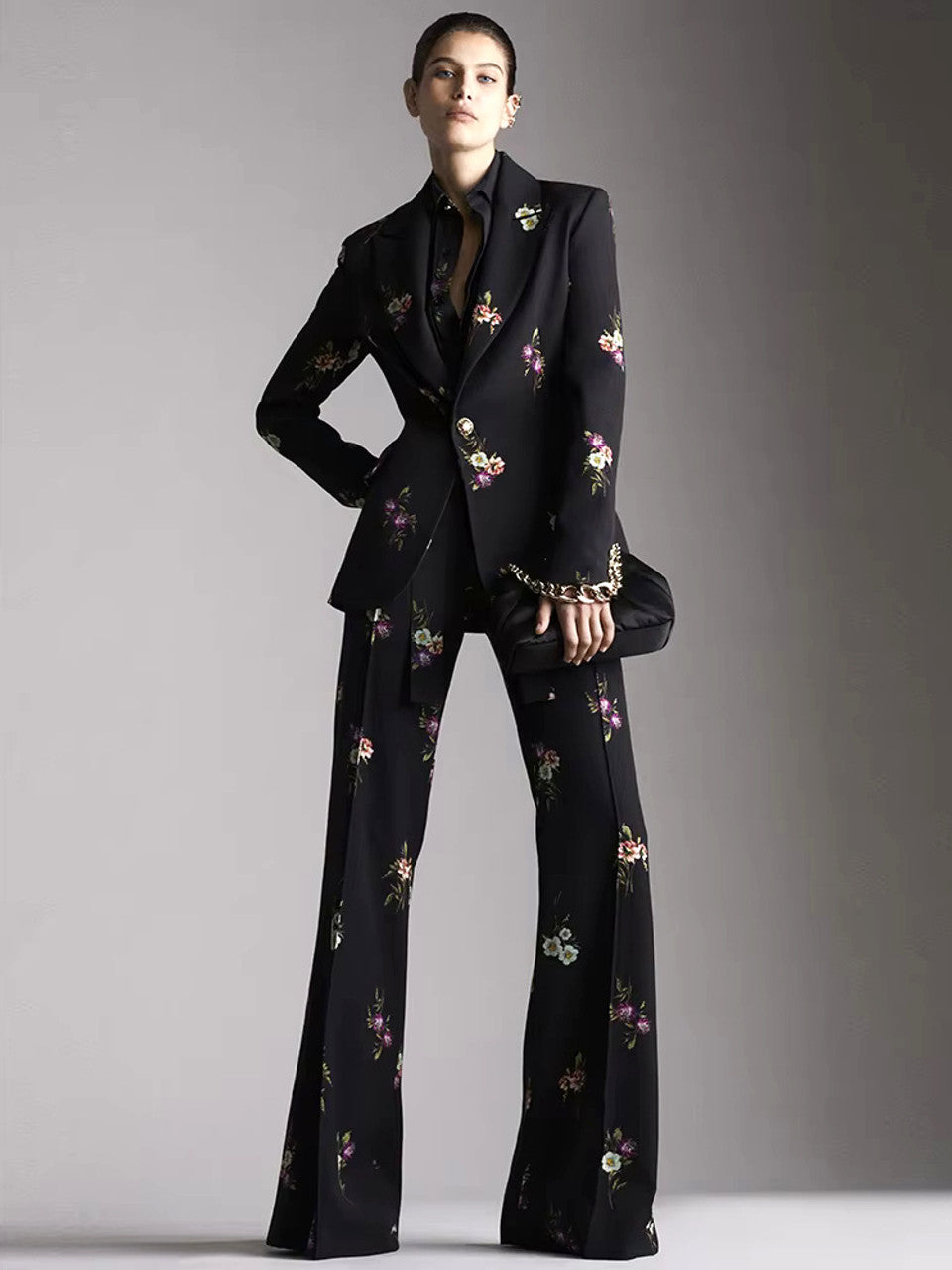 Long Sleeve Floral Suit Black