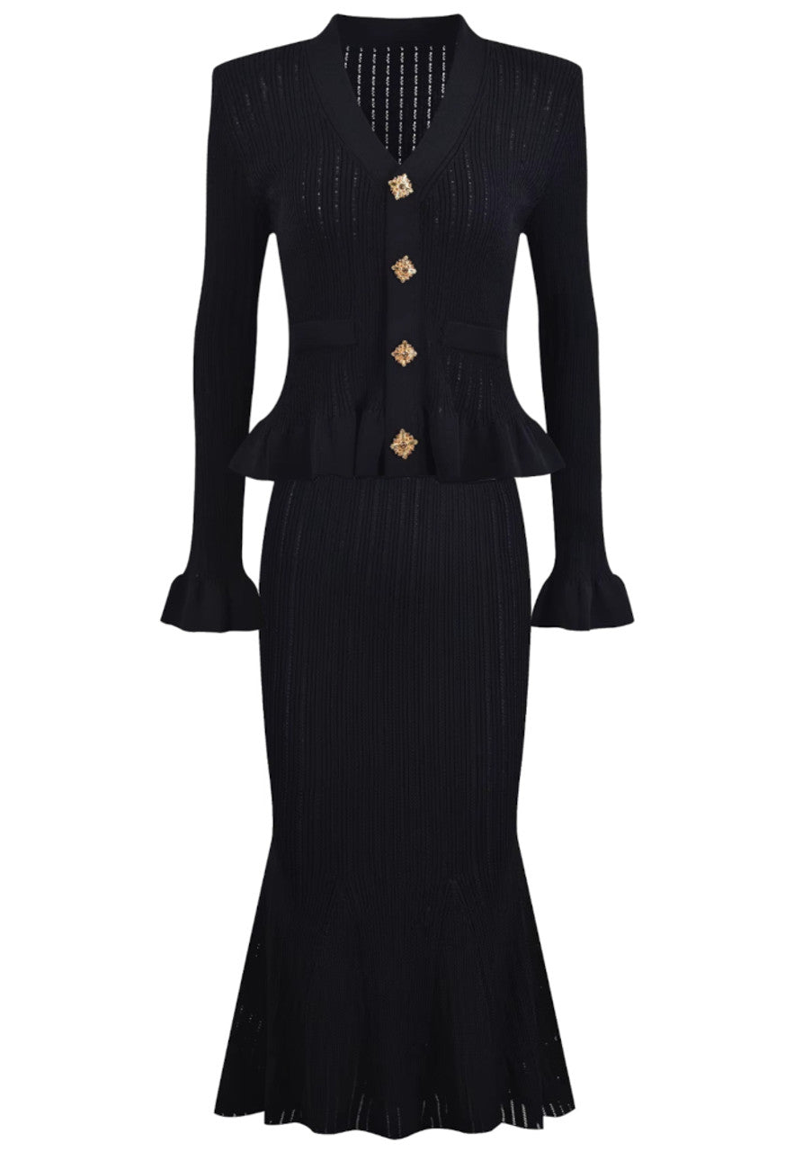Long Sleeve Fluted Midi Two Piece Knitted Dress