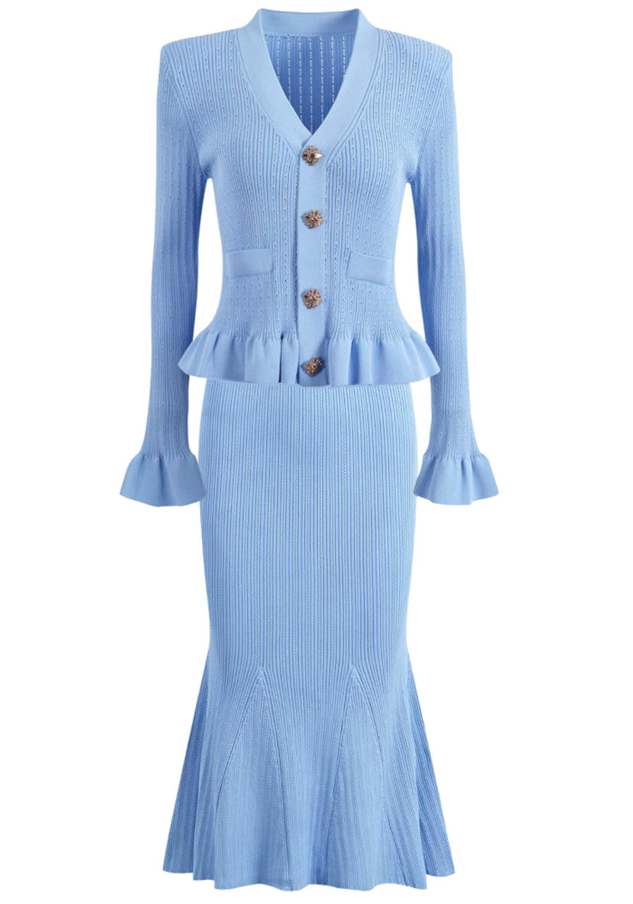 Long Sleeve Fluted Midi Two Piece Knitted Dress