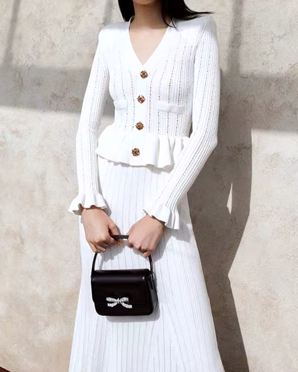 Long Sleeve Fluted Midi Two Piece Knitted Dress
